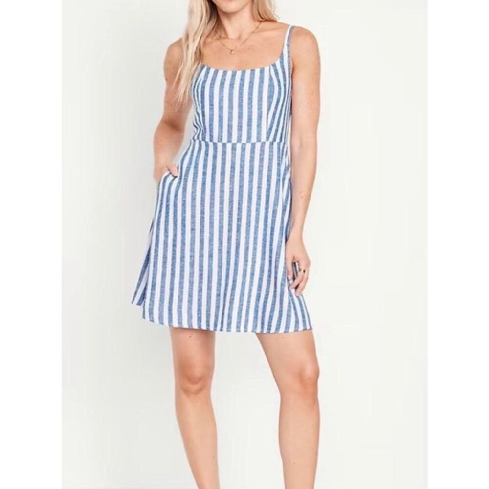 Old Navy Dress Womens XL Blue White Striped Fit Flare Mini Linen Blend Pockets